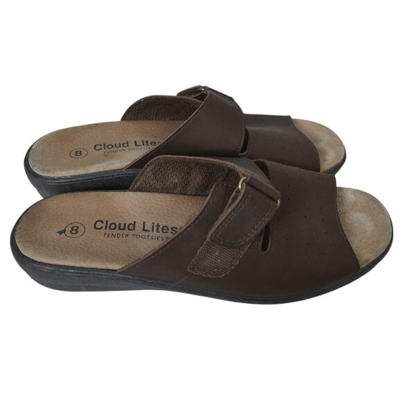 Cloud Lites Tender Tootsies Brown Leather Slide Sandals Velcro Slip On Size 8 - Picture 1 of 9